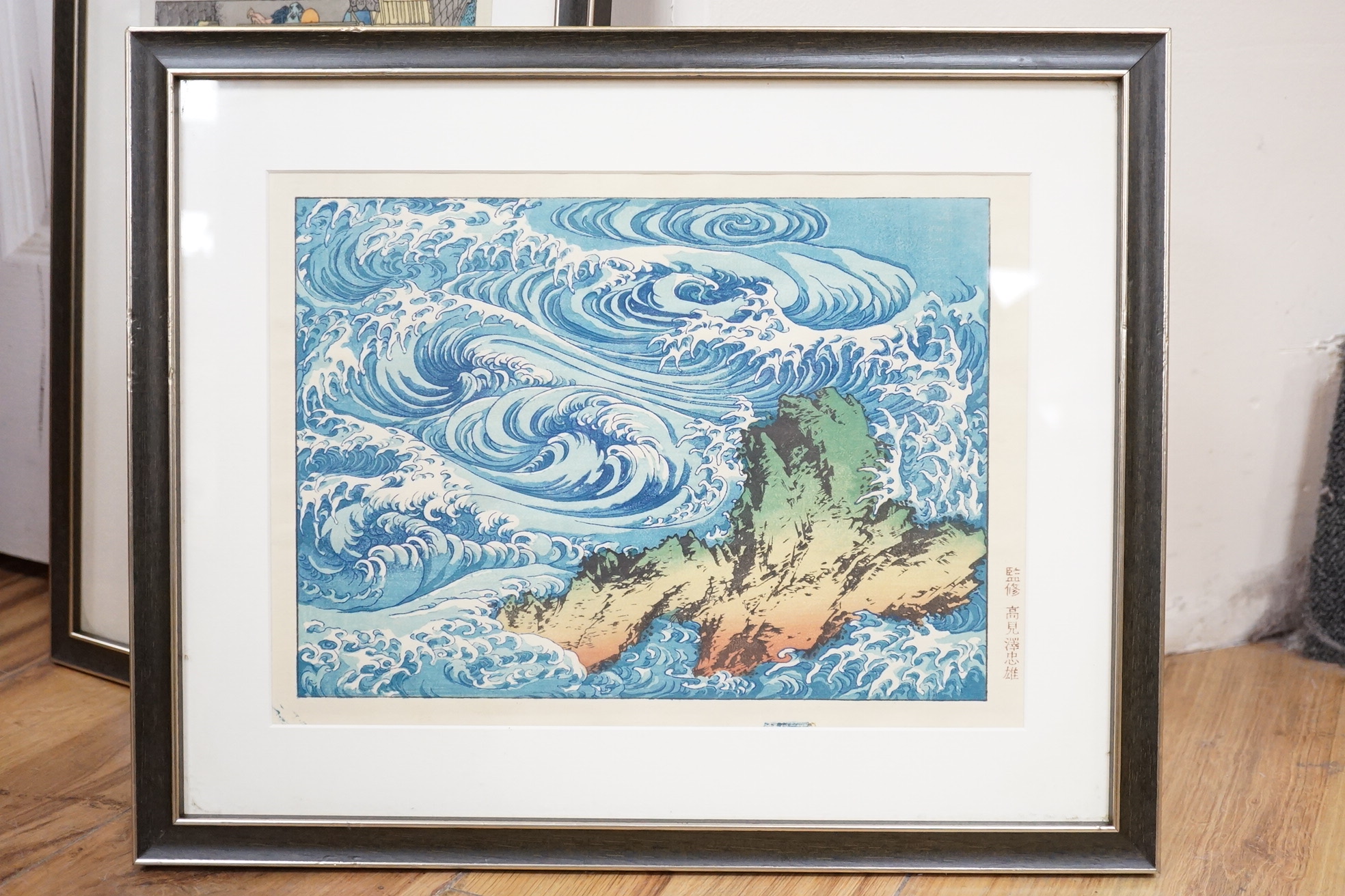 A set of ten Japanese woodblock prints to include ‘Great wave off the coast of Kanagawa’, ‘Fishermen at Kajikazawa’ and ‘Evening shower’, largest 25 x 36cm. Condition - fair